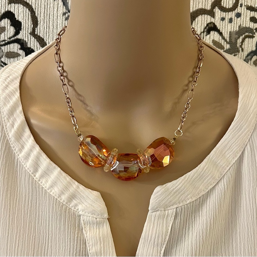 Unique, handmade, rose gold chain necklace; Iridescent orange glass beads, 17”